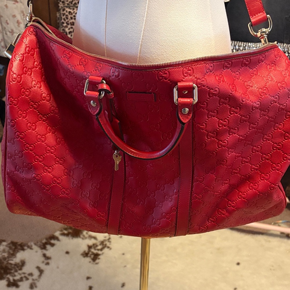 Gucci Red Embossed Leather Duffle Bag
